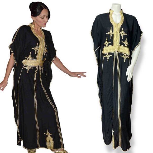 Treasures of Morocco Kaftan Dress Gold Trim Black Maxi Women Embellished Caftan - Picture 1 of 12